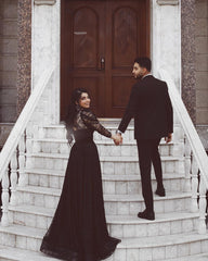 Black Long A-line Wedding Dress With Tulle Lace Sleeves