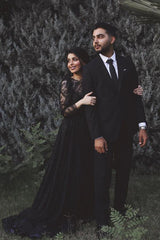 Black Long A-line Wedding Dress With Tulle Lace Sleeves