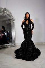 Black Long Sleeve Mermaid Prom Dress with Flower and Appliques