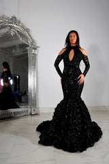 Black Long Sleeve Mermaid Prom Dress with Flower and Appliques
