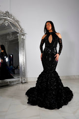 Black Long Sleeve Mermaid Prom Dress with Flower and Appliques