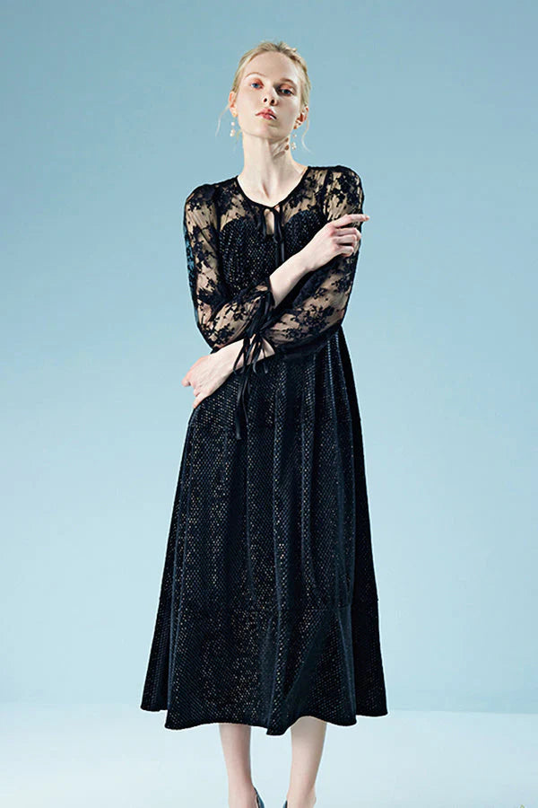 Babyonlines Black Long Sleeves Sequined A-line Lace Dresses