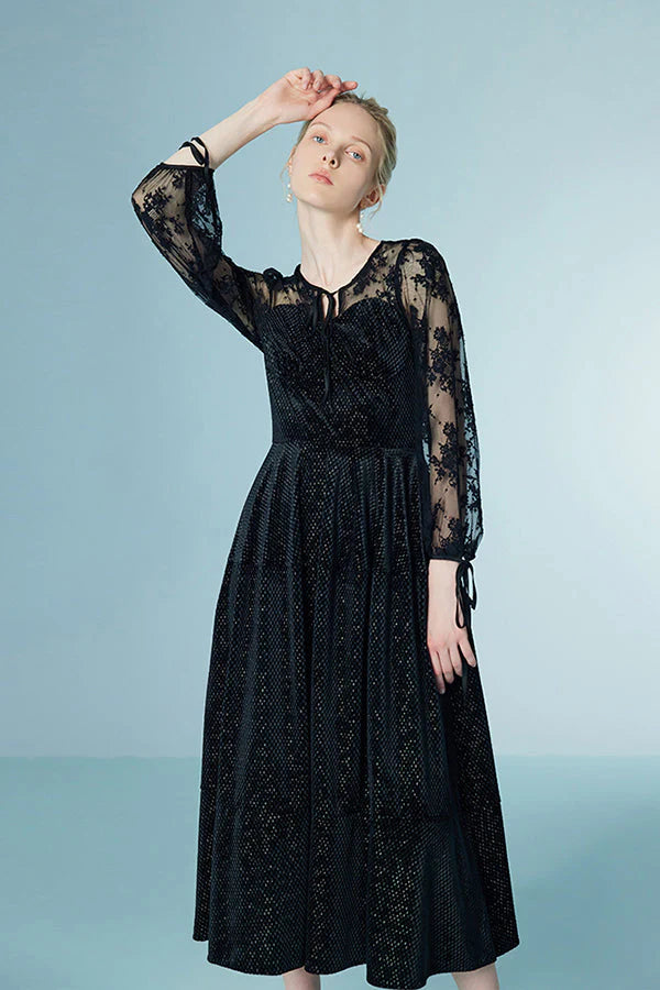Babyonlines Black Long Sleeves Sequined A-line Lace Dresses