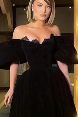 Black Off the Shoulder Strapless Bubble Sleeve Prom Dress with Lace