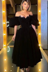 Black Off the Shoulder Strapless Bubble Sleeve Prom Dress with Lace