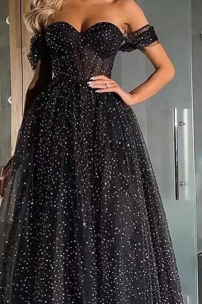 Black Off the Shoulder Sweetheart A-Line Prom Dress with Beading and Tulle