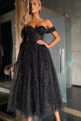 Black Off the Shoulder Sweetheart A-Line Prom Dress with Beading and Tulle