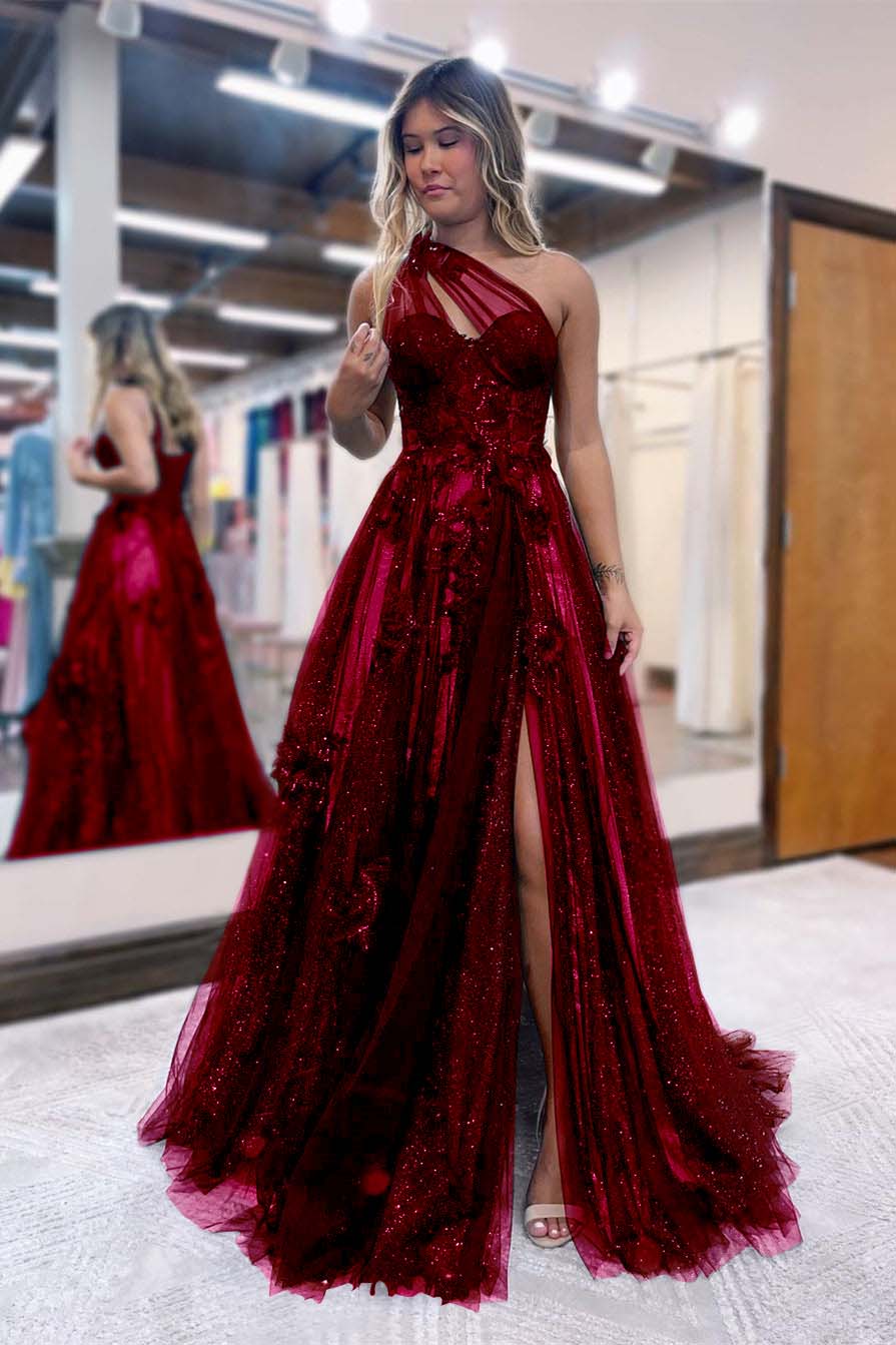 One Shoulder A-Line Prom Dress with Side Split, Tulle and Appliques