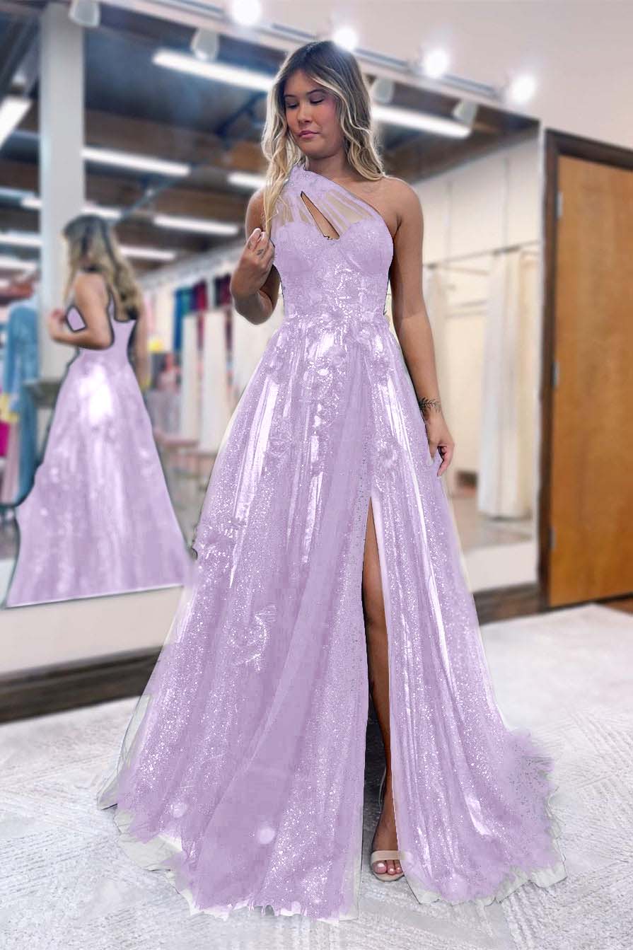 One Shoulder A-Line Prom Dress with Side Split, Tulle and Appliques