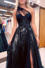 One Shoulder A-Line Prom Dress with Side Split, Tulle and Appliques