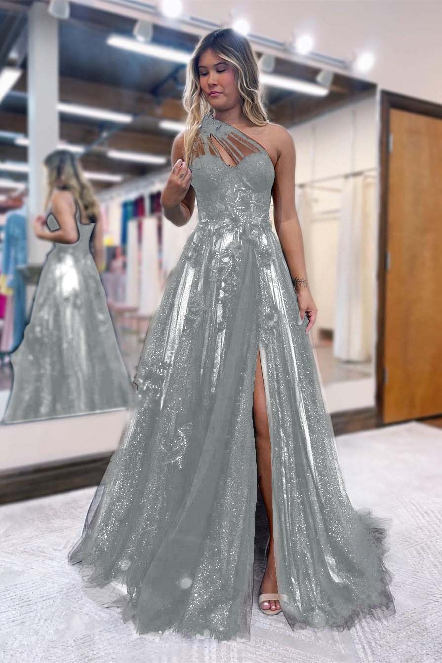 One Shoulder A-Line Prom Dress with Side Split, Tulle and Appliques