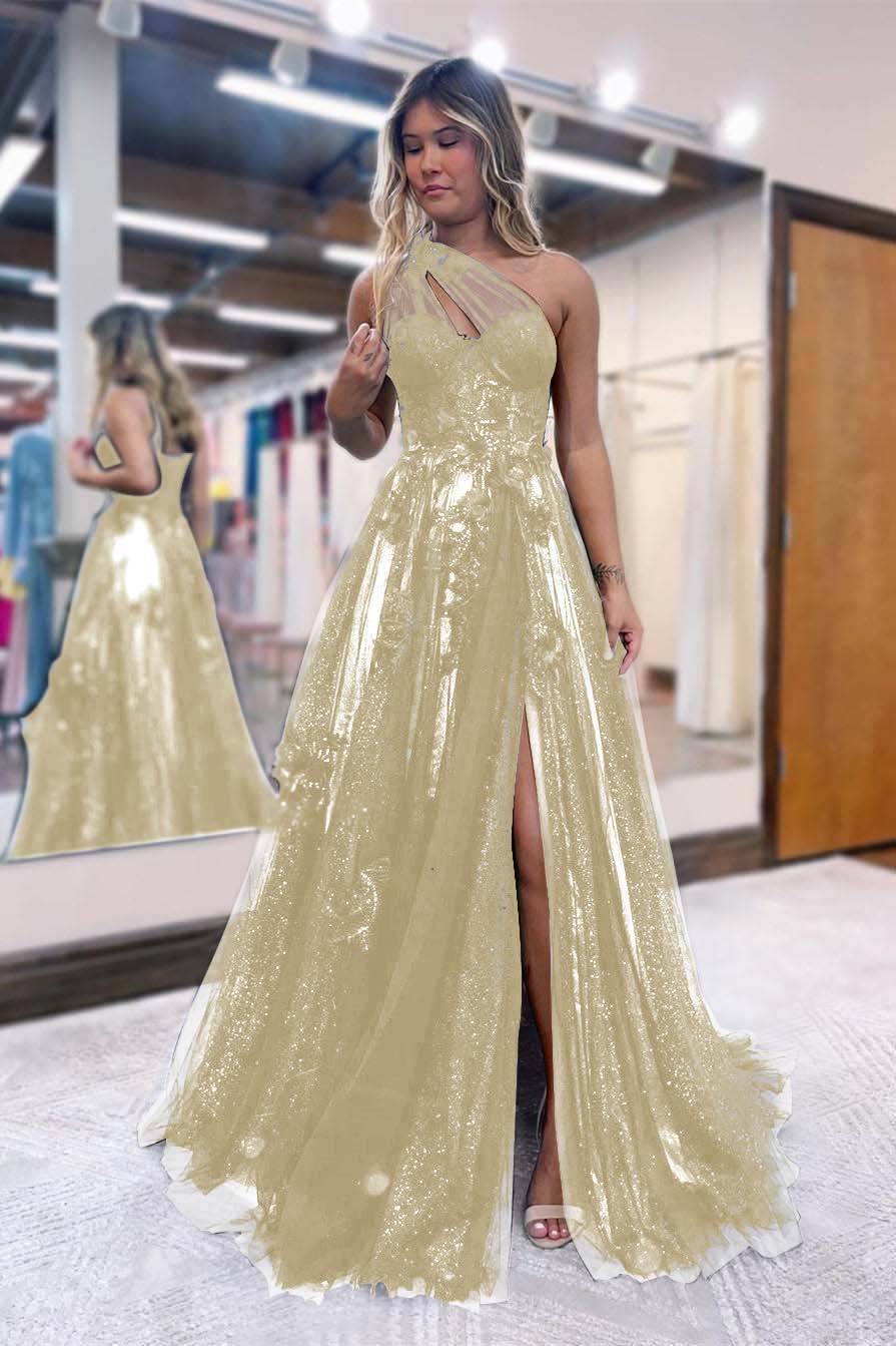One Shoulder A-Line Prom Dress with Side Split, Tulle and Appliques