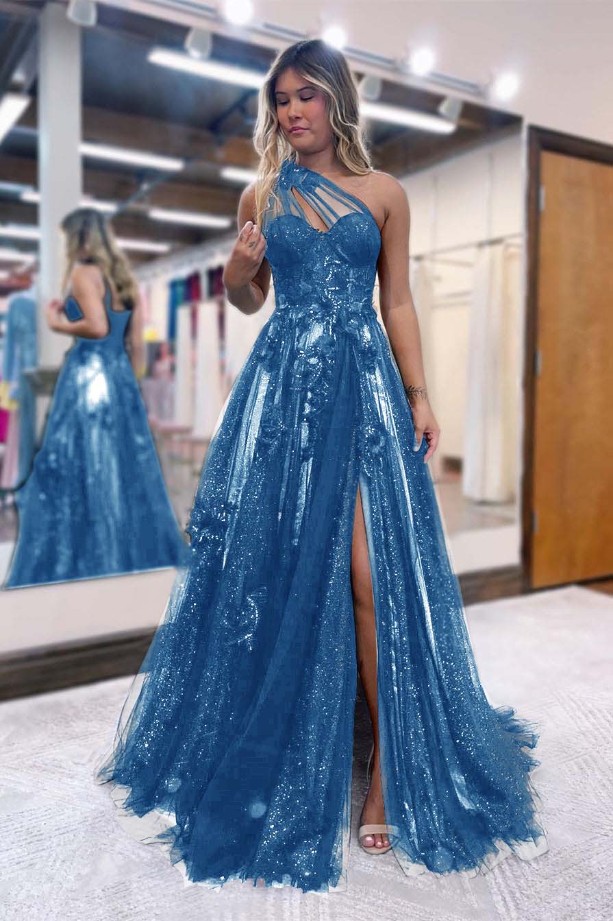 One Shoulder A-Line Prom Dress with Side Split, Tulle and Appliques