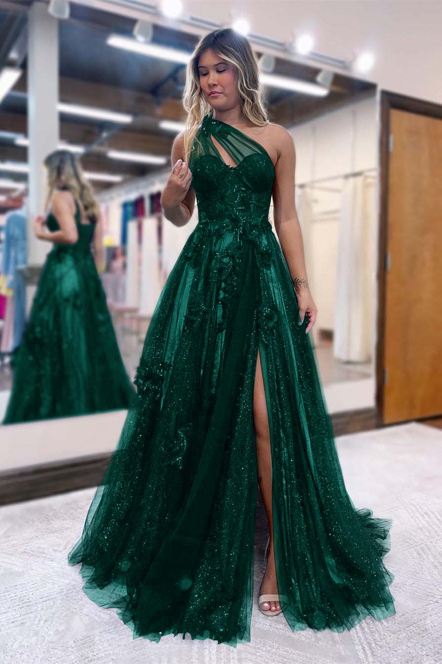 One Shoulder A-Line Prom Dress with Side Split, Tulle and Appliques