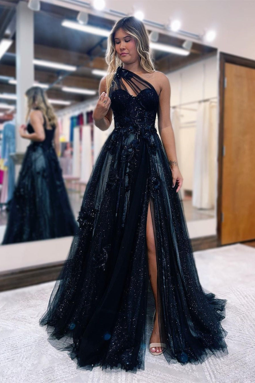 One Shoulder A-Line Prom Dress with Side Split, Tulle and Appliques