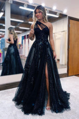 One Shoulder A-Line Prom Dress with Side Split, Tulle and Appliques