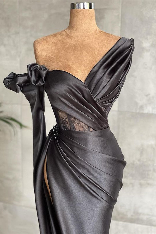 One Shoulder Long Sleeve Long Prom Dress with Side Split and Lace