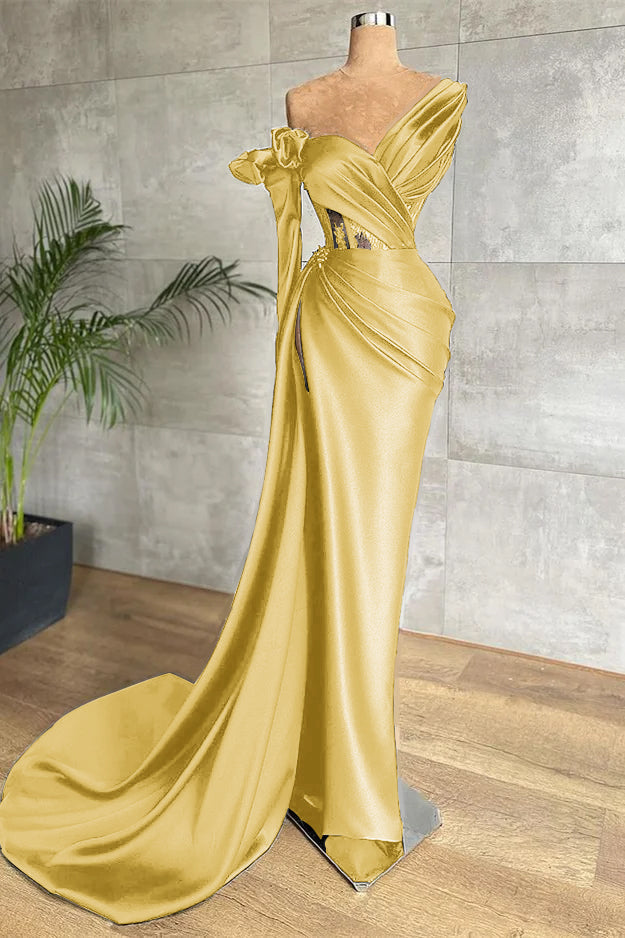 One Shoulder Long Sleeve Long Prom Dress with Side Split and Lace