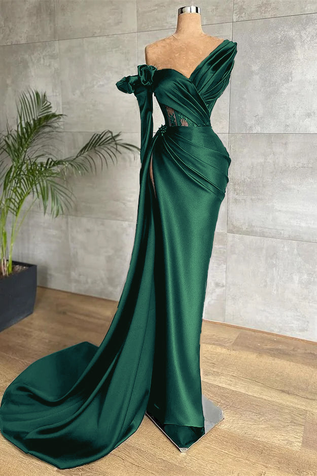 One Shoulder Long Sleeve Long Prom Dress with Side Split and Lace