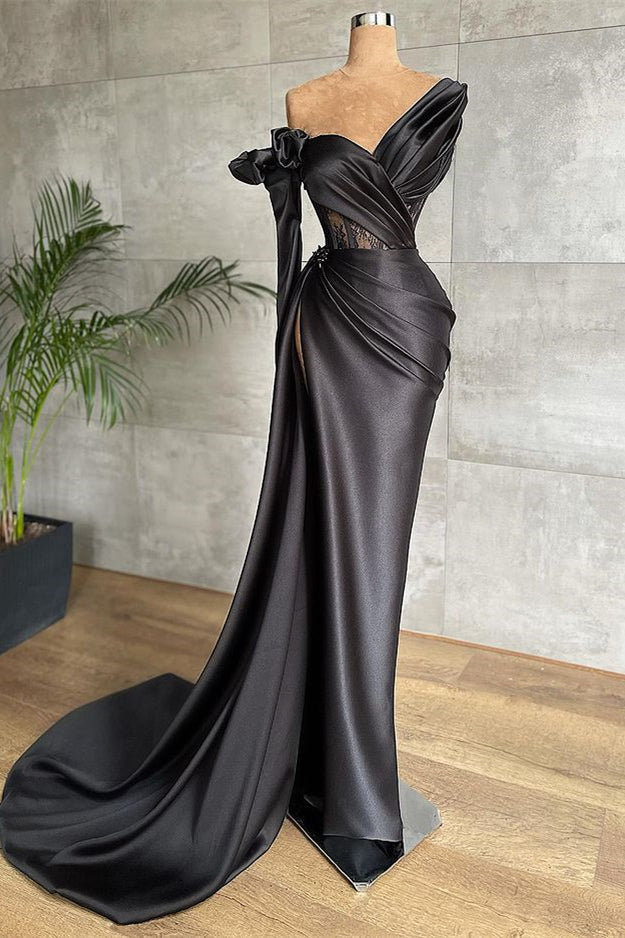 One Shoulder Long Sleeve Long Prom Dress with Side Split and Lace