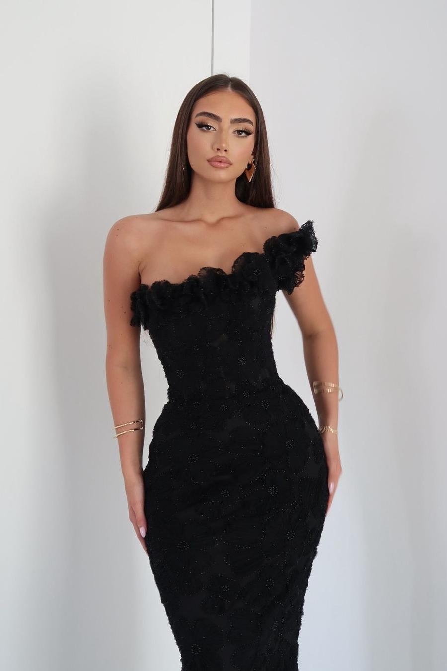 Black One Shoulder Mermaid Long Prom Dress with Lace Appliques