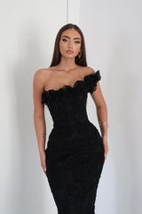 Black One Shoulder Mermaid Long Prom Dress with Lace Appliques