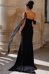 Black One Shoulder Mermaid Long Prom Dress with Split and Ruffles