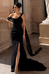 Black One Shoulder Mermaid Long Prom Dress with Split and Ruffles