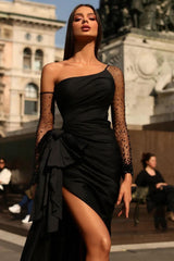Black One Shoulder Long Sleeve Tulle Prom Dress with Pleated Split