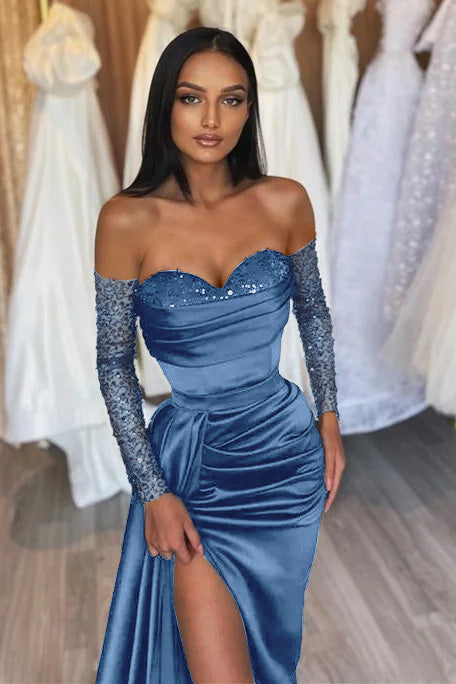 Black Prom Dress Sweetheart Short Sleeves with Pleated Slit
