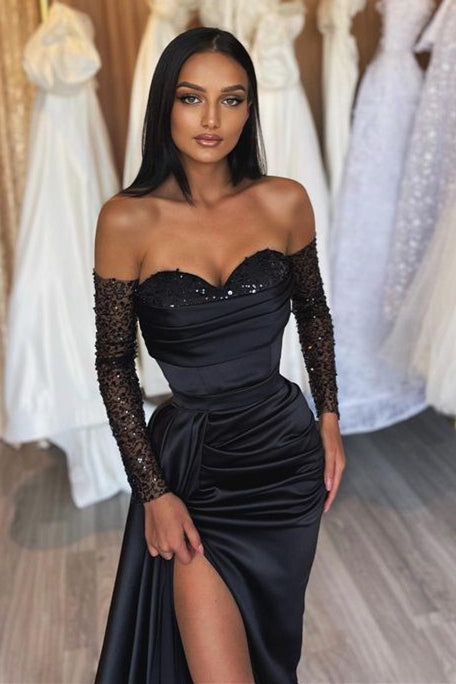 Black Sweetheart Short Sleeve Prom Dress with Split and Pleated