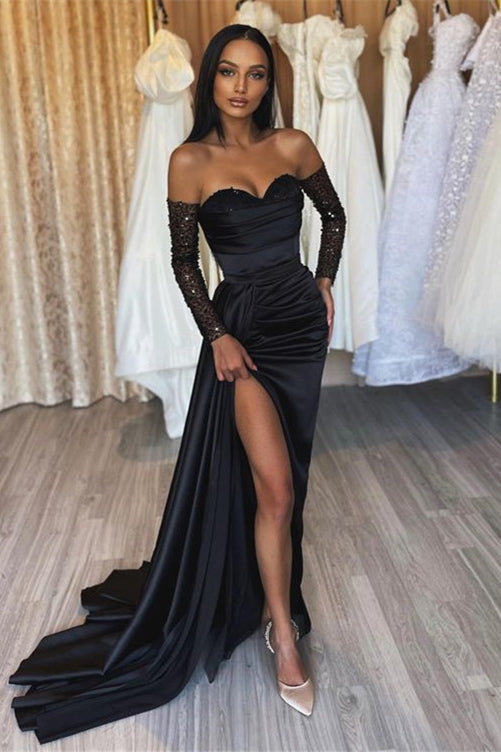 Black Sweetheart Short Sleeve Prom Dress with Split and Pleated