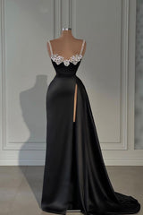 Black Satin Spaghetti Strap Evening Dress with Split and Beadings