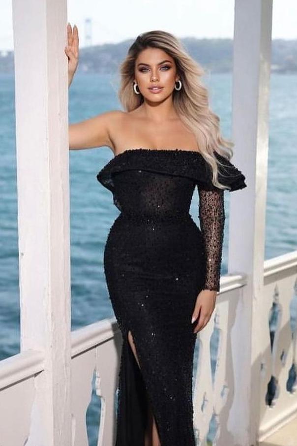 Black One Shoulder Long Sleeve Mermaid Long Prom Dress with Sequins and Split