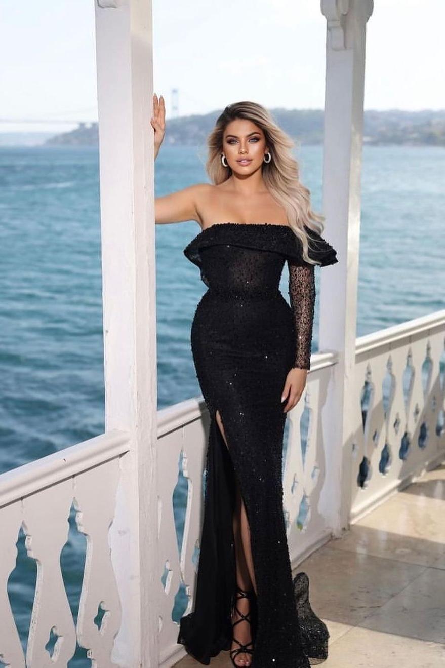 Black One Shoulder Long Sleeve Mermaid Long Prom Dress with Sequins and Split