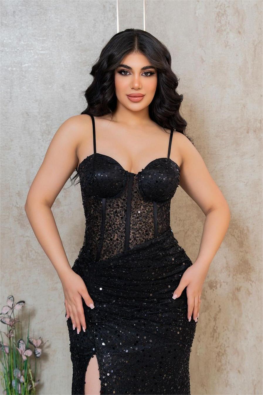 Black Spaghetti Strap Sweetheart Long Prom Dress with Sequins and Split