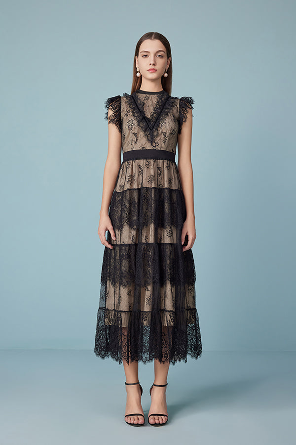 Babyonlines Black Sleeveless Lace Long Dresses with Sash