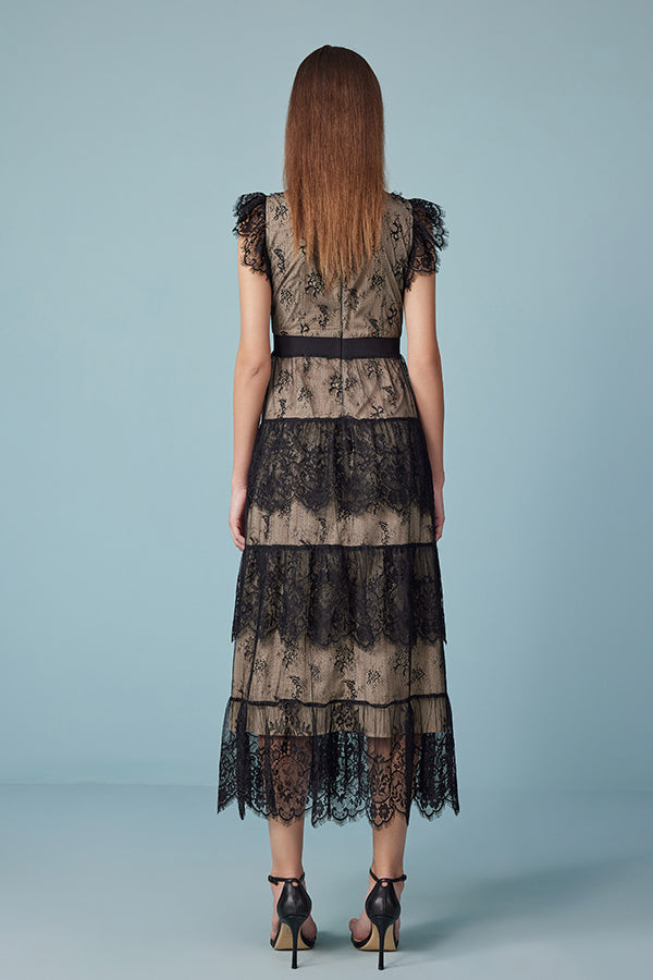 Babyonlines Black Sleeveless Lace Long Dresses with Sash