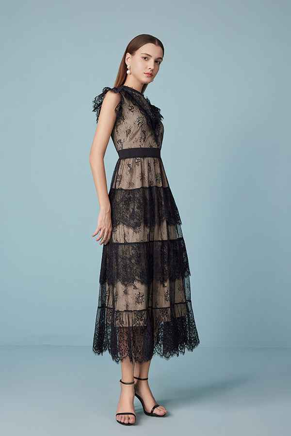 Babyonlines Black Sleeveless Lace Long Dresses with Sash