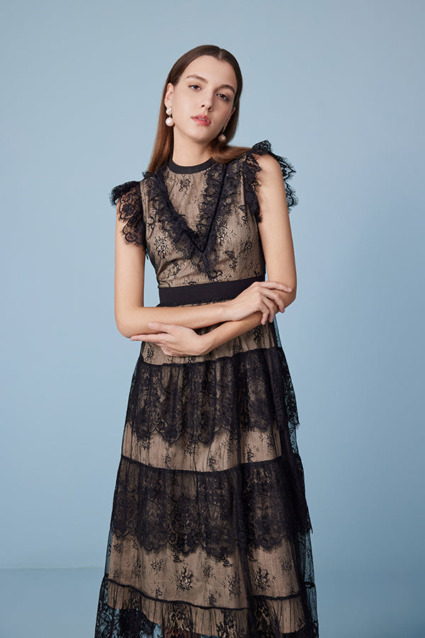 Babyonlines Black Sleeveless Lace Long Dresses with Sash