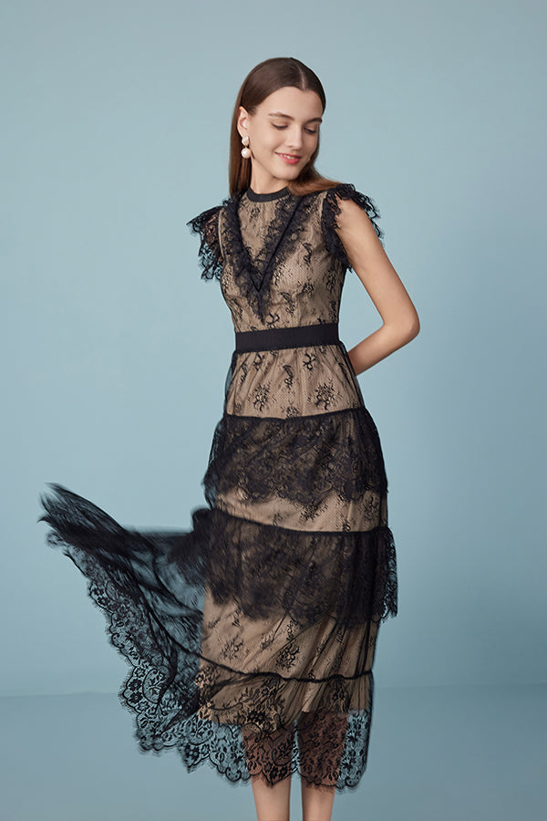 Babyonlines Black Sleeveless Lace Long Dresses with Sash