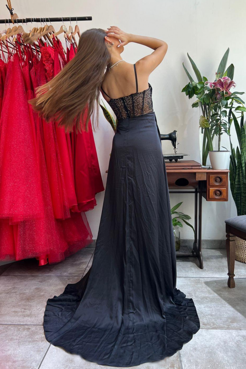 Black V Neck Long Prom Dress with Split and Pleated