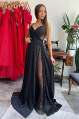 Black V Neck Long Prom Dress with Split and Pleated