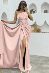 Black One Shoulder Long Prom Dress with Rhinestone, Split and Pleated