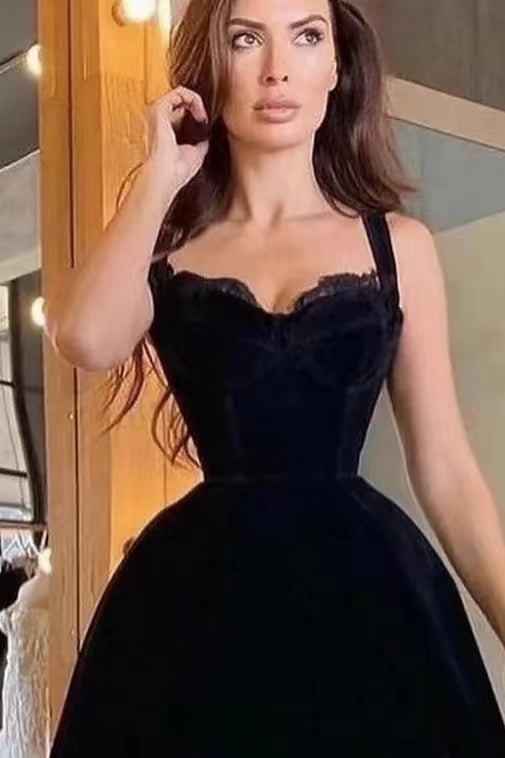 Black Spaghetti Strap Sweetheart Tea Length Prom Dress with Lace