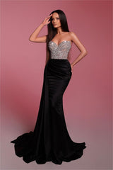 Black Strapless Pleated Mermaid Prom Dress with Beading Embroidery