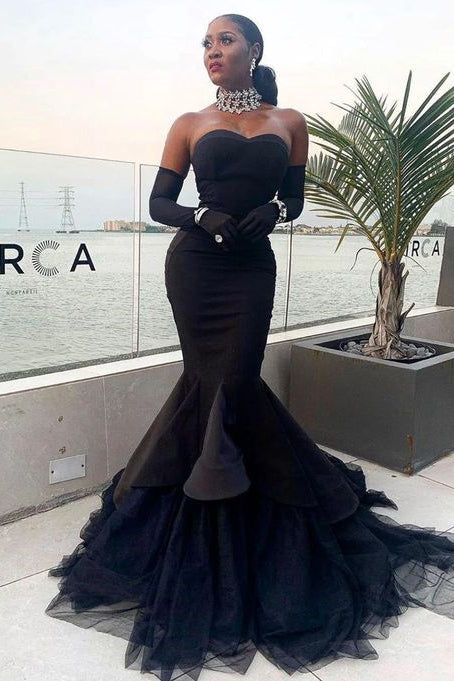 Strapless Tulle Mermaid Long Prom Dress with Gloves