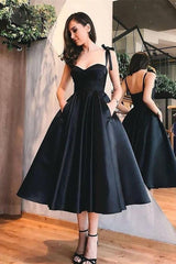 Black Sweetheart Tea Length Spaghetti-Straps A-Line Evening Dress with Pockets