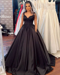 Black Sweetheart Wide Strap Ball Gown Floor-Length Wedding Dress with Ruffles and Satin