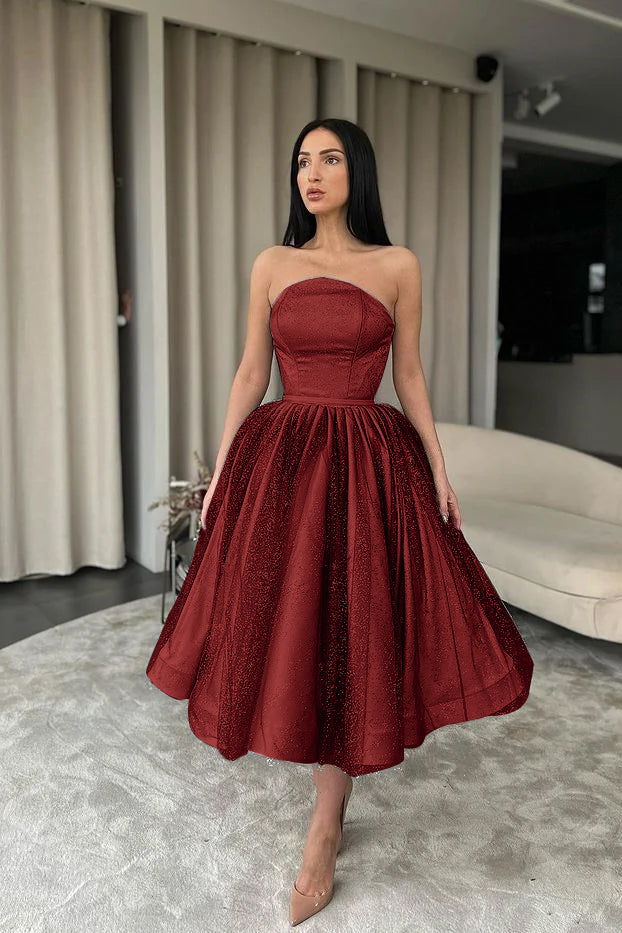Elegant Strapless Black Tulle Tea Length A-Line Prom Dress